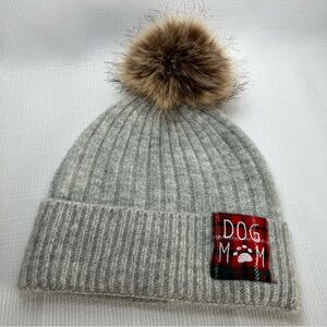Dog Mom Gray Winter Beanie Brown Pom Pom Red Plaid Accent Women’s One Size